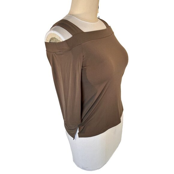 Chico's - Women's M Blouse Taupe Brown 3/4 Sleeve Cold Shoulder Stretch - Picture 2 of 11